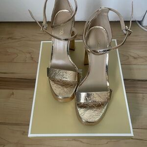 Michael Kors Rose Gold Metallic Ankle-Strap Block Heels